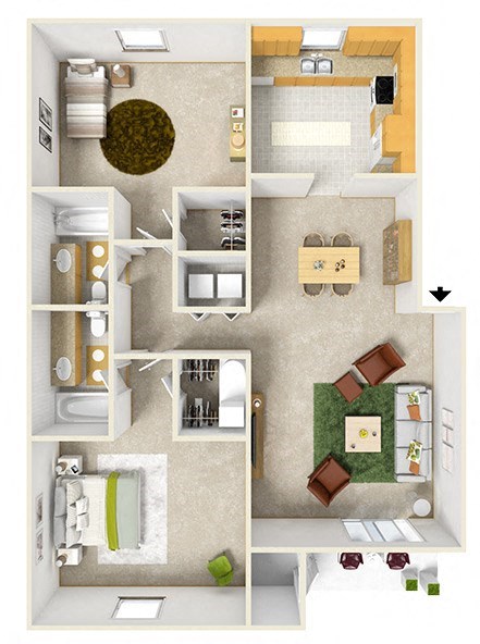 Floor plan for 2 beds, 2 baths, 1210 sqft